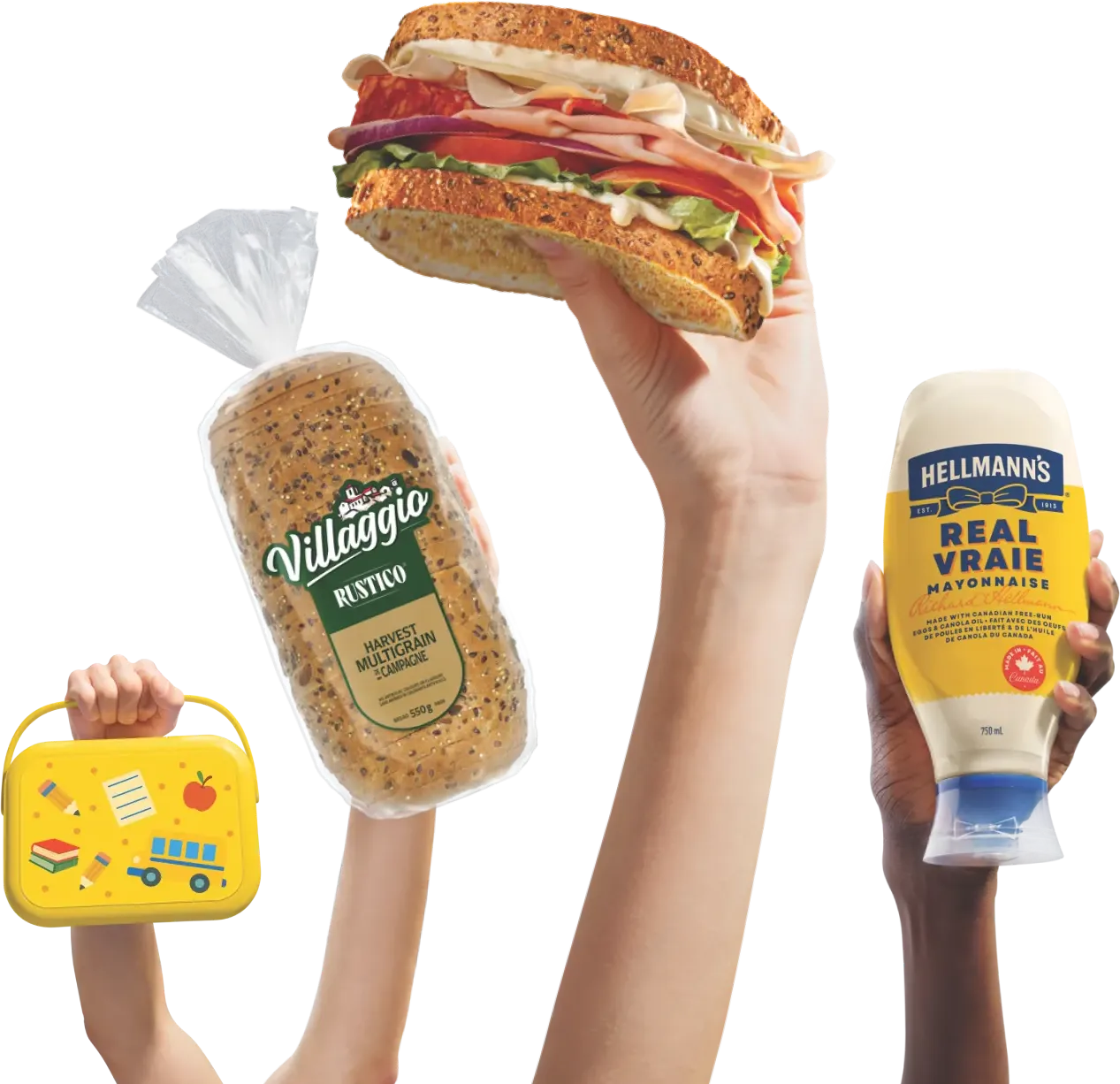 hands holding products, a sandwich, Villaggio Rustico Bread, and Hellmann's Real Mayonnaise